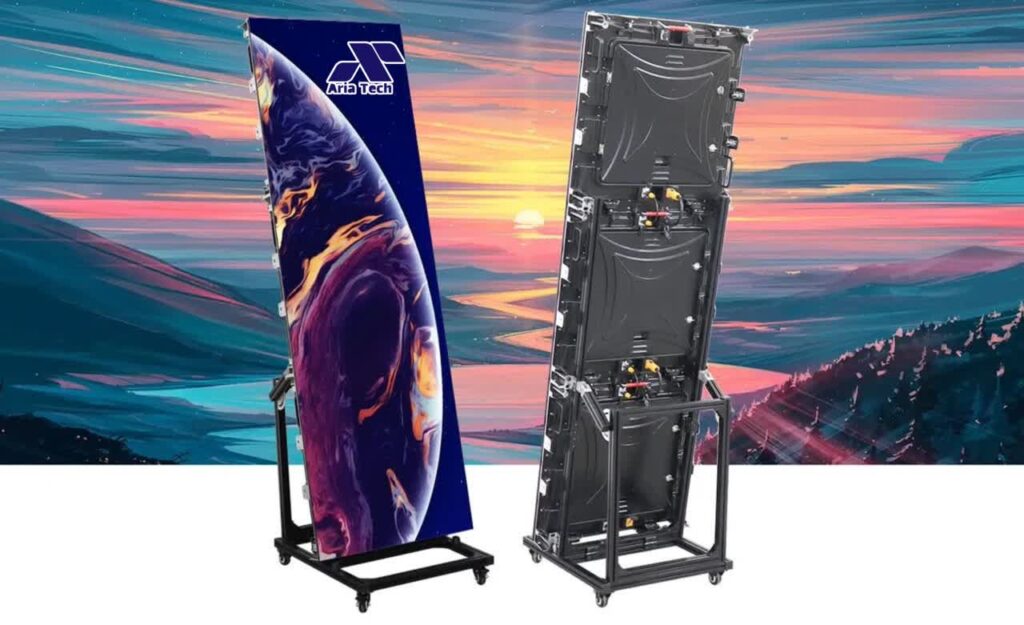 استند دیجیتال پرتابل LED با وضوح بالا در حال نمایش محتوای تبلیغاتی